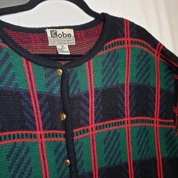 Vintage Crystal Kobe Sweater Plus 1X Green Tartan Plaid Gold Buttons Acrylic 80s - Picture 3 of 10